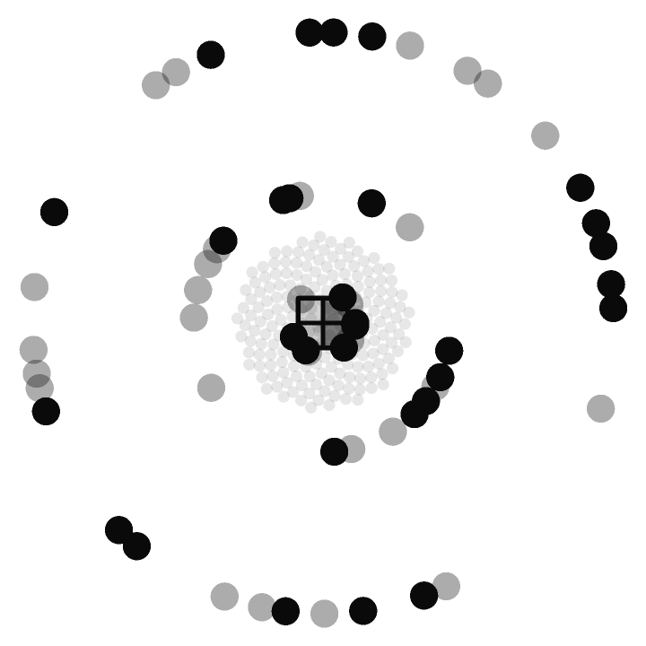 One byte's complete tile: rings of marks around a dense speckled core with a small crossed square at the centre